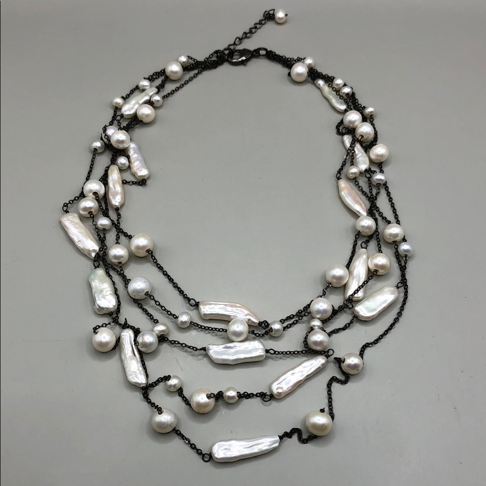 Genuine cultured freshwater and baroque pearls gunmetal chain necklace layered.